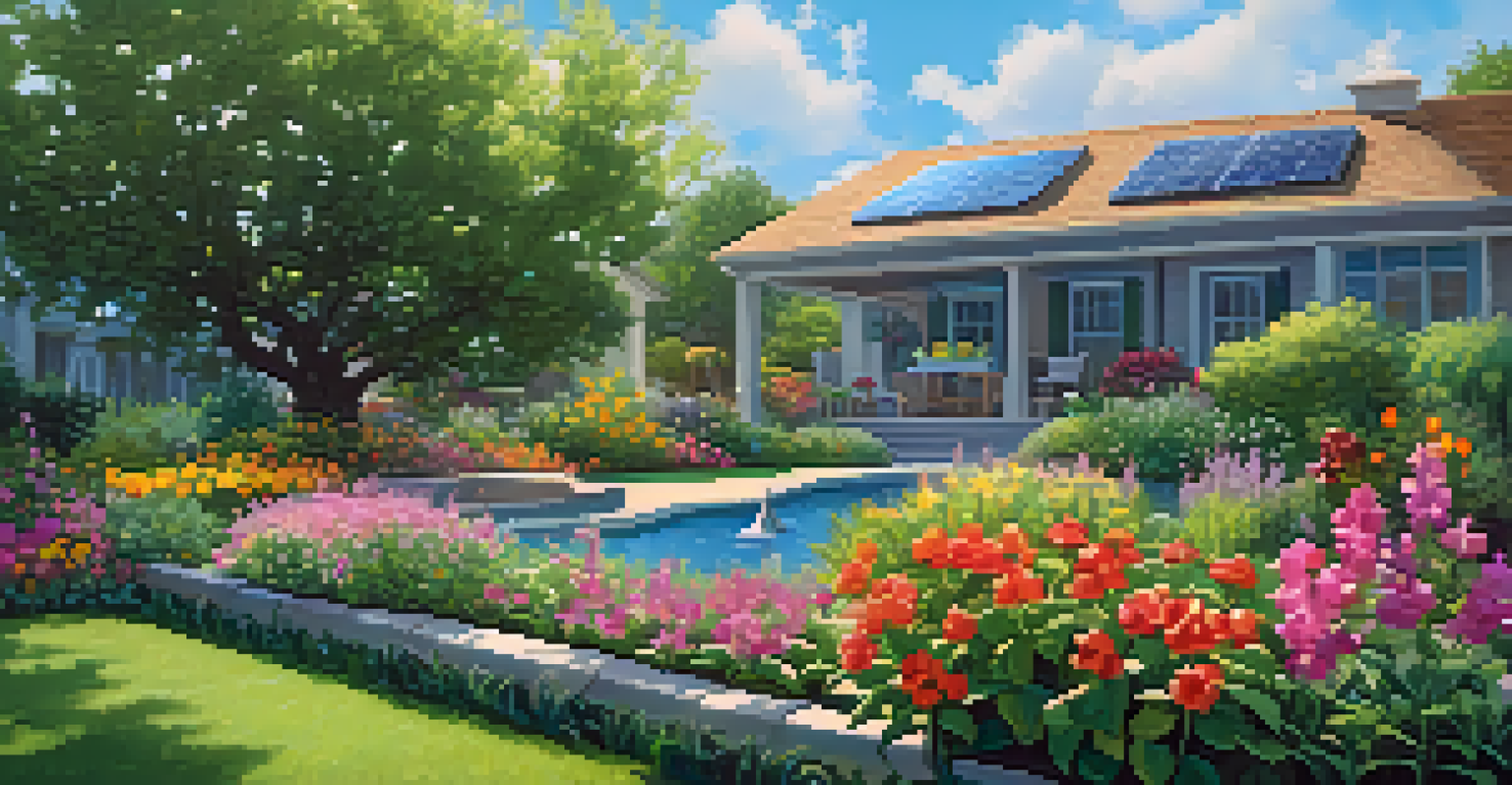 A vibrant garden being watered by a smart irrigation system, with colorful flowers and a clear blue sky, highlighting sustainable gardening.