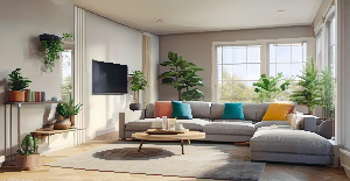 A cozy living room with a gray sofa, colorful cushions, and natural light coming through a large window.