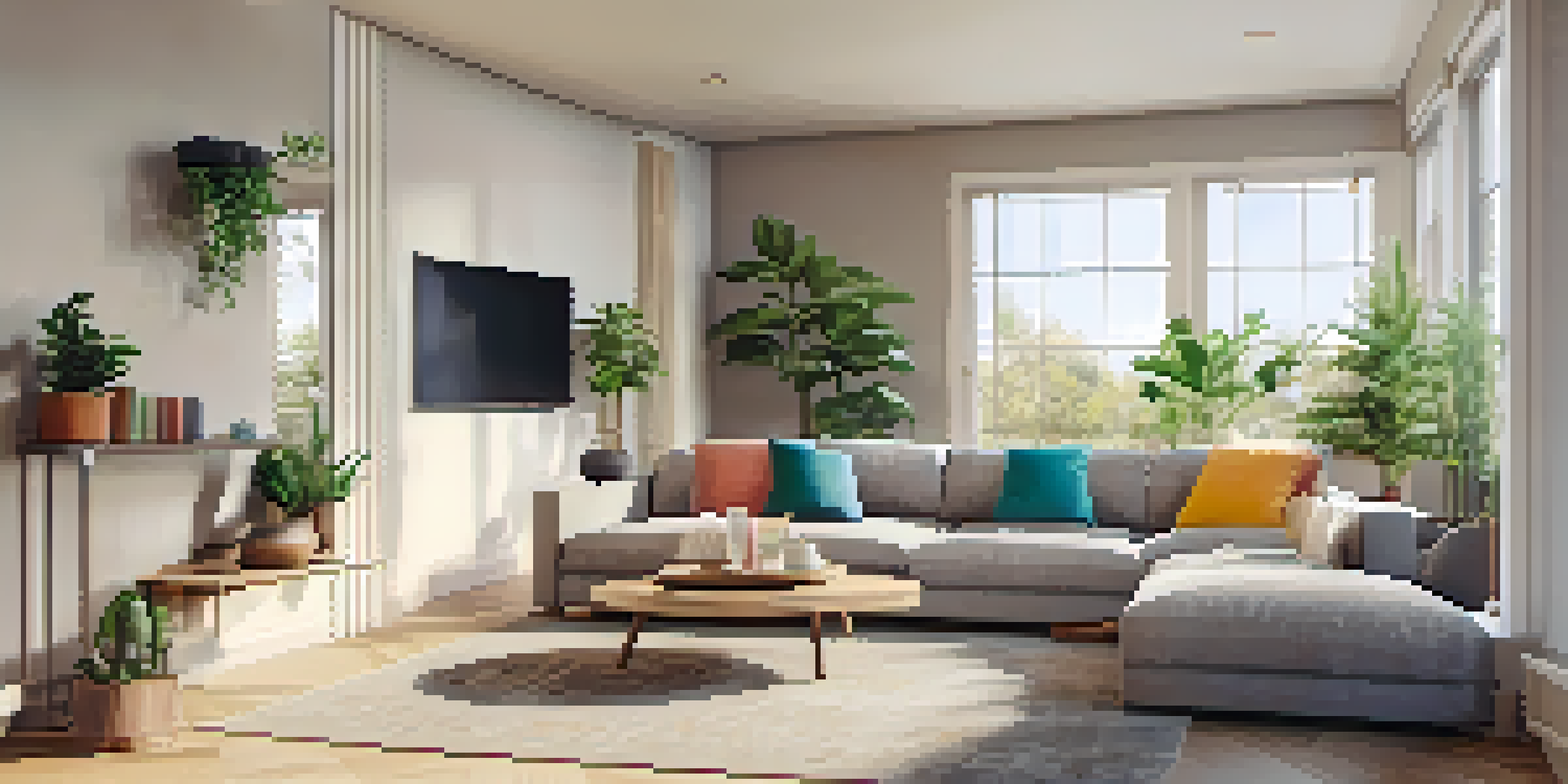 A cozy living room with a gray sofa, colorful cushions, and natural light coming through a large window.