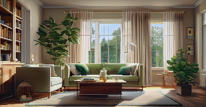 A cozy living room with soft lighting, a plush sofa, a coffee table, and decorative plants, creating a welcoming atmosphere.