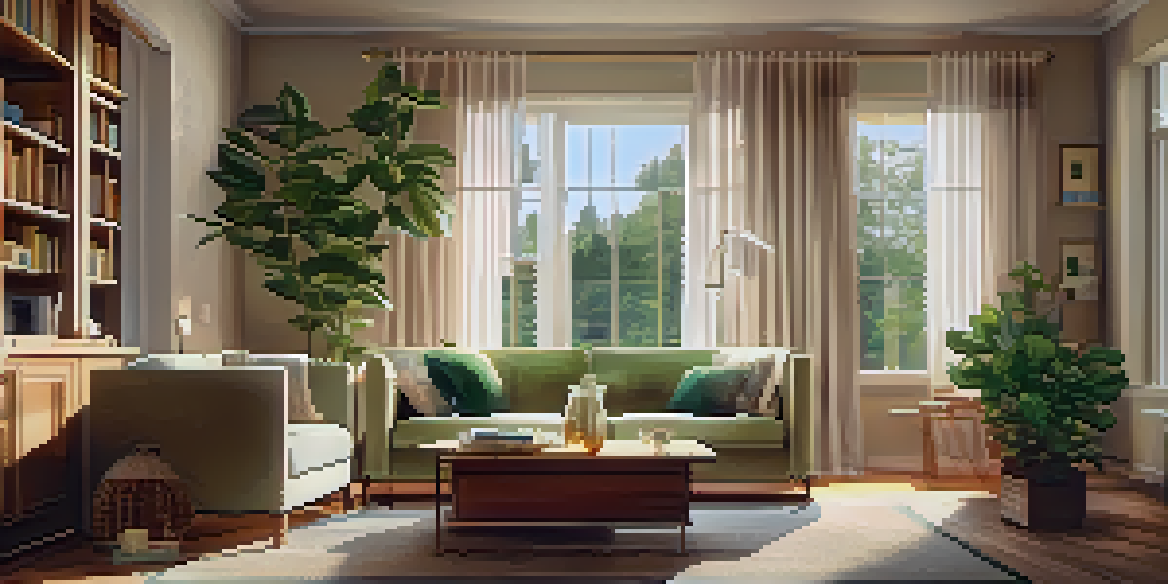 A cozy living room with soft lighting, a plush sofa, a coffee table, and decorative plants, creating a welcoming atmosphere.