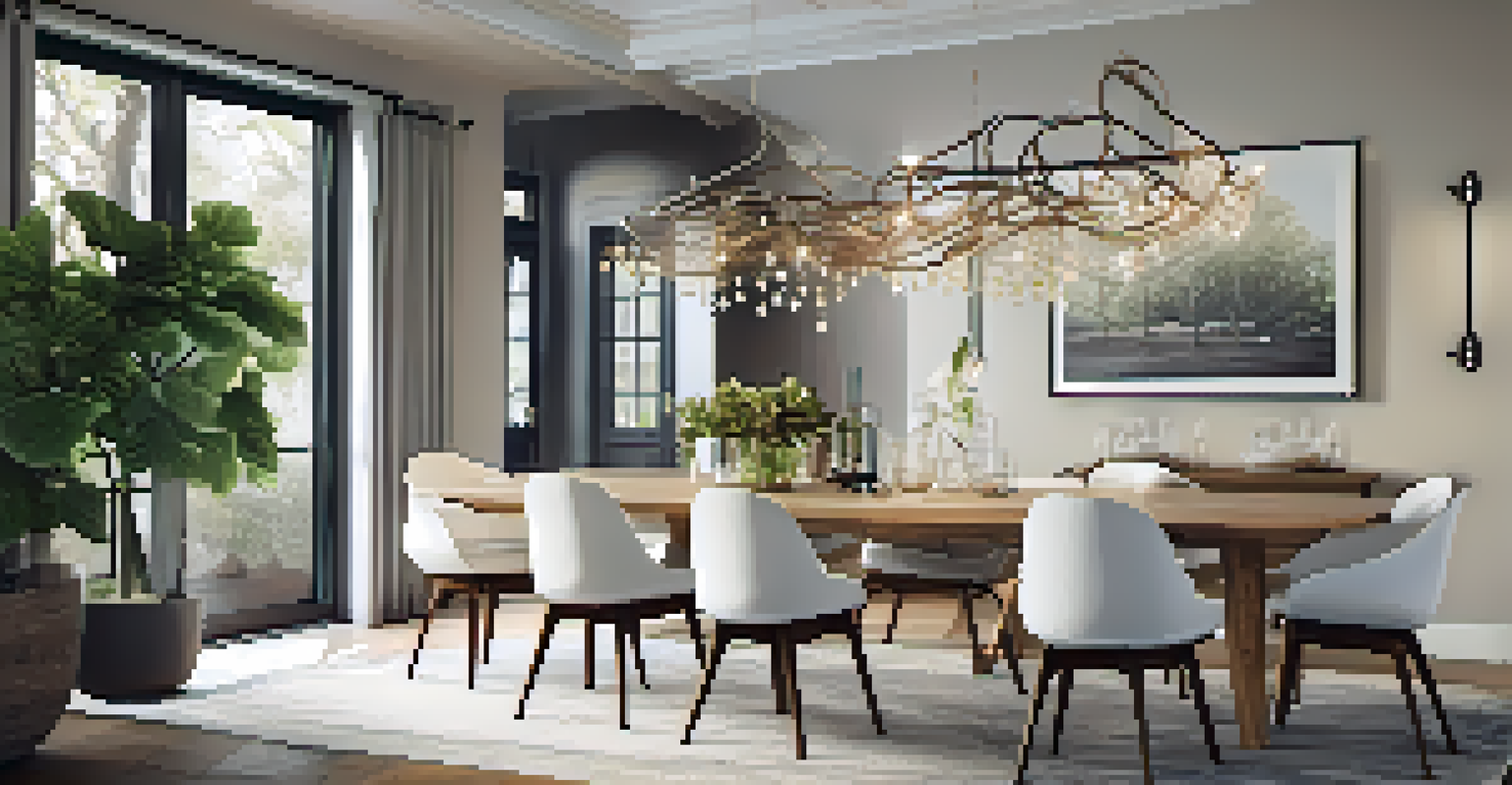 A stylish dining area featuring a wooden table, chairs, and hanging plants, illuminated by warm lighting.