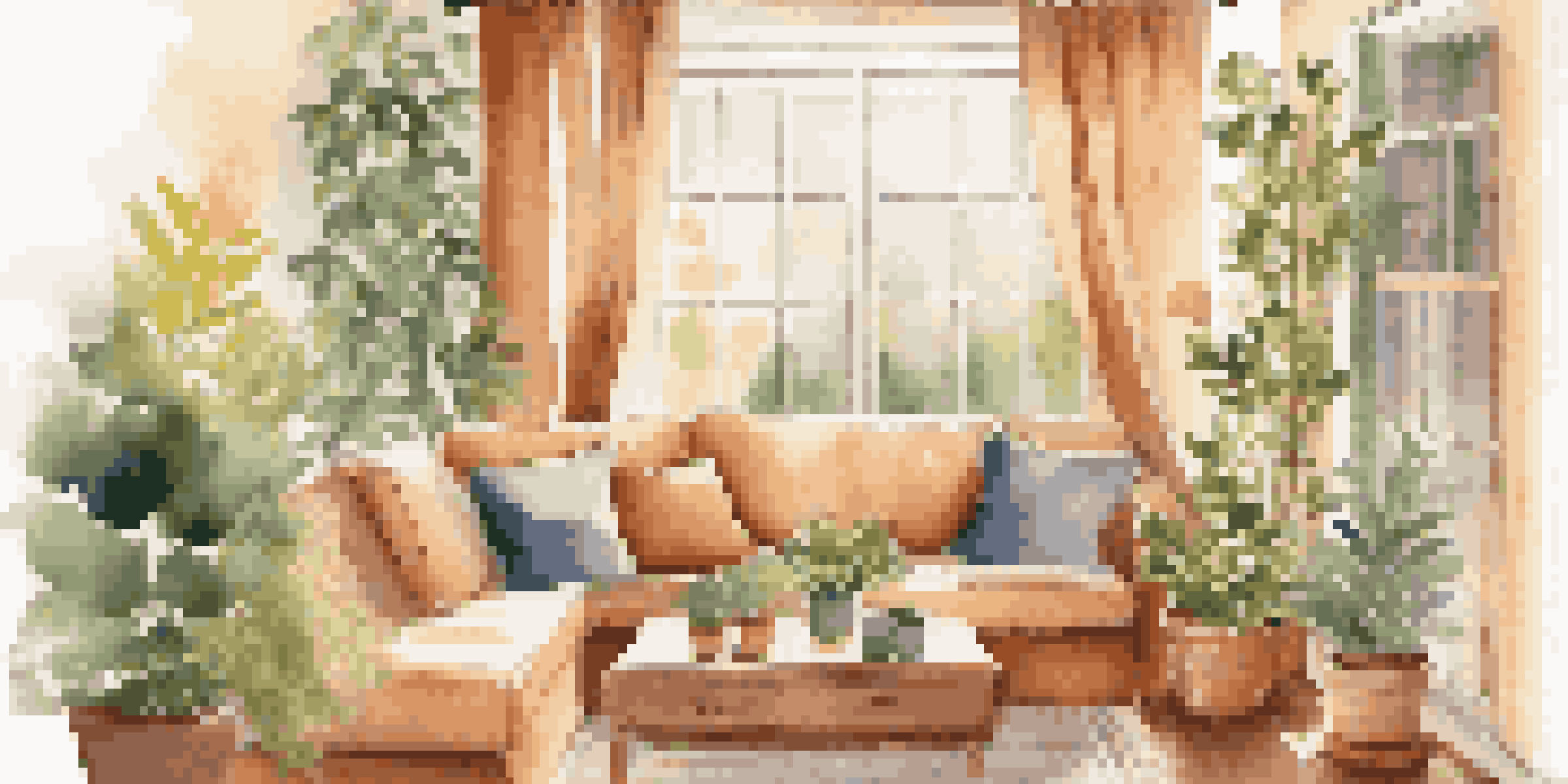 A bright living room scene with a sofa, coffee table, and large window showing a garden, illuminated by soft sunlight.