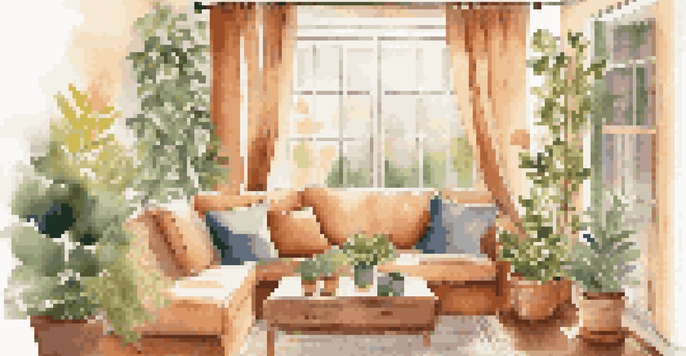 A bright living room scene with a sofa, coffee table, and large window showing a garden, illuminated by soft sunlight.