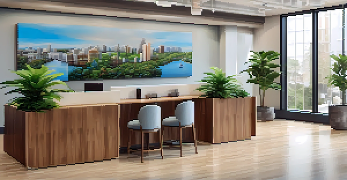 A bright and modern real estate office filled with natural light, showcasing agents assisting clients and a screen displaying property listings.