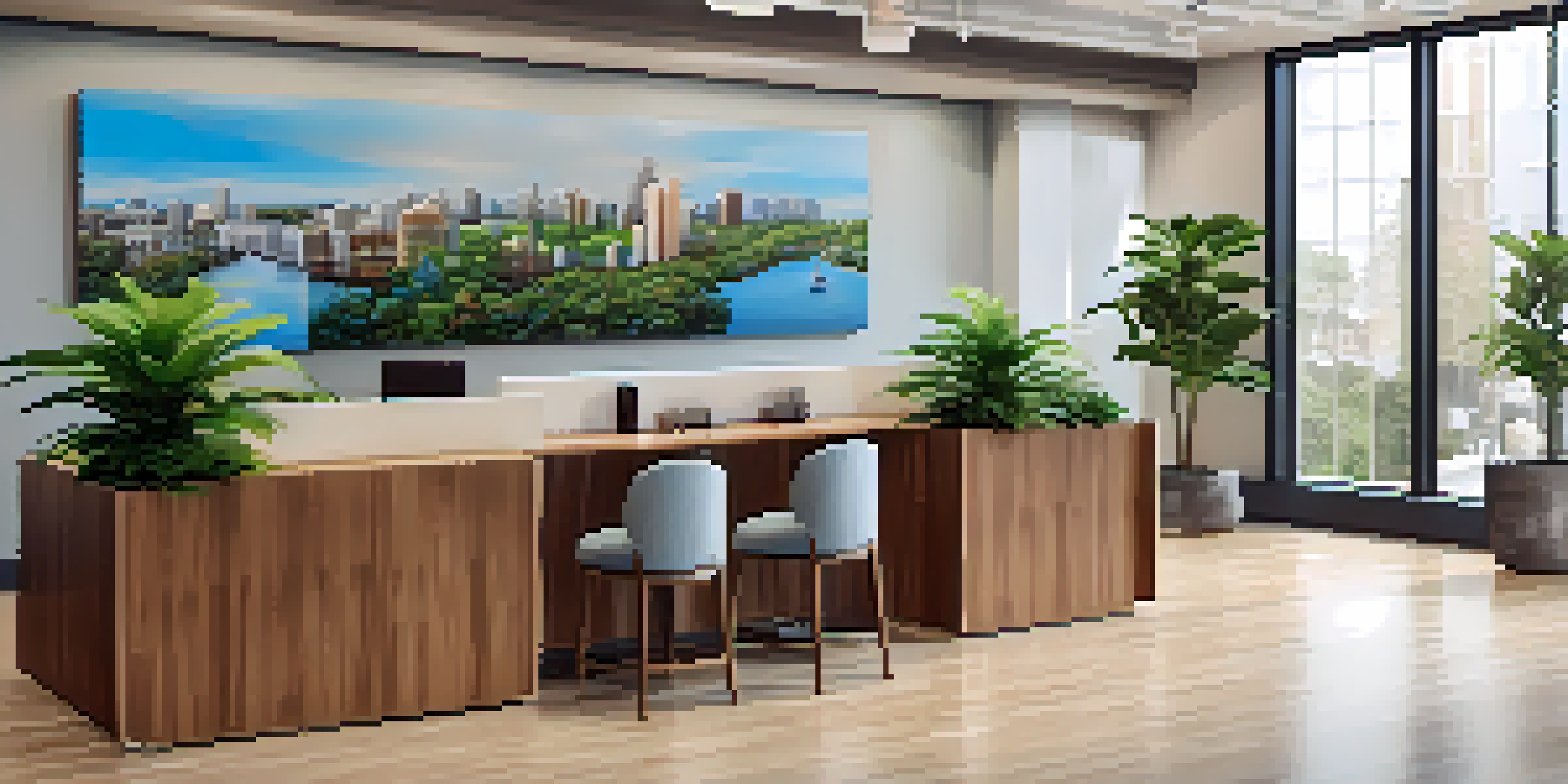 A bright and modern real estate office filled with natural light, showcasing agents assisting clients and a screen displaying property listings.