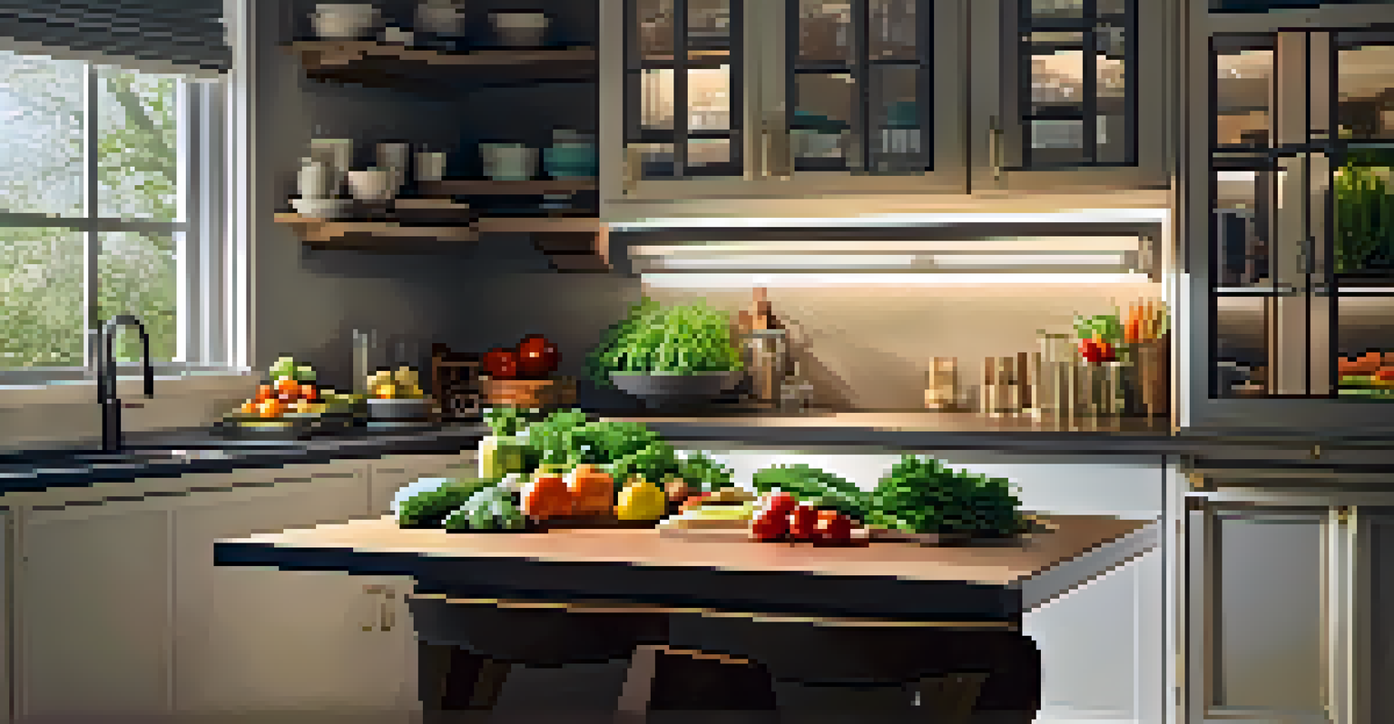 A modern kitchen with under-cabinet lighting illuminating a countertop and a cozy reading nook nearby.