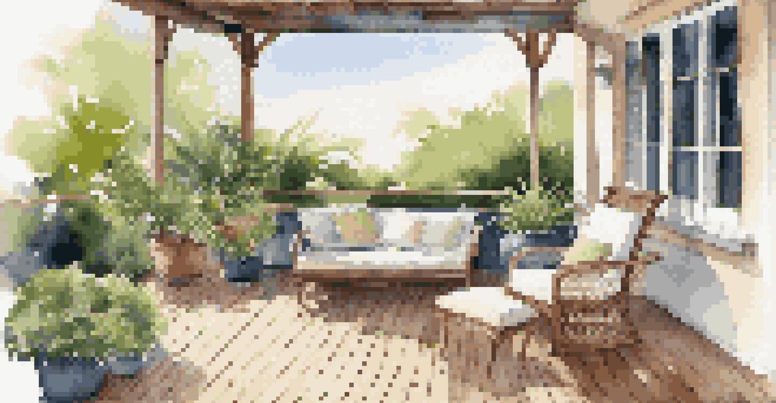 A cozy wooden deck with outdoor furniture and plants, surrounded by trees and blue skies.