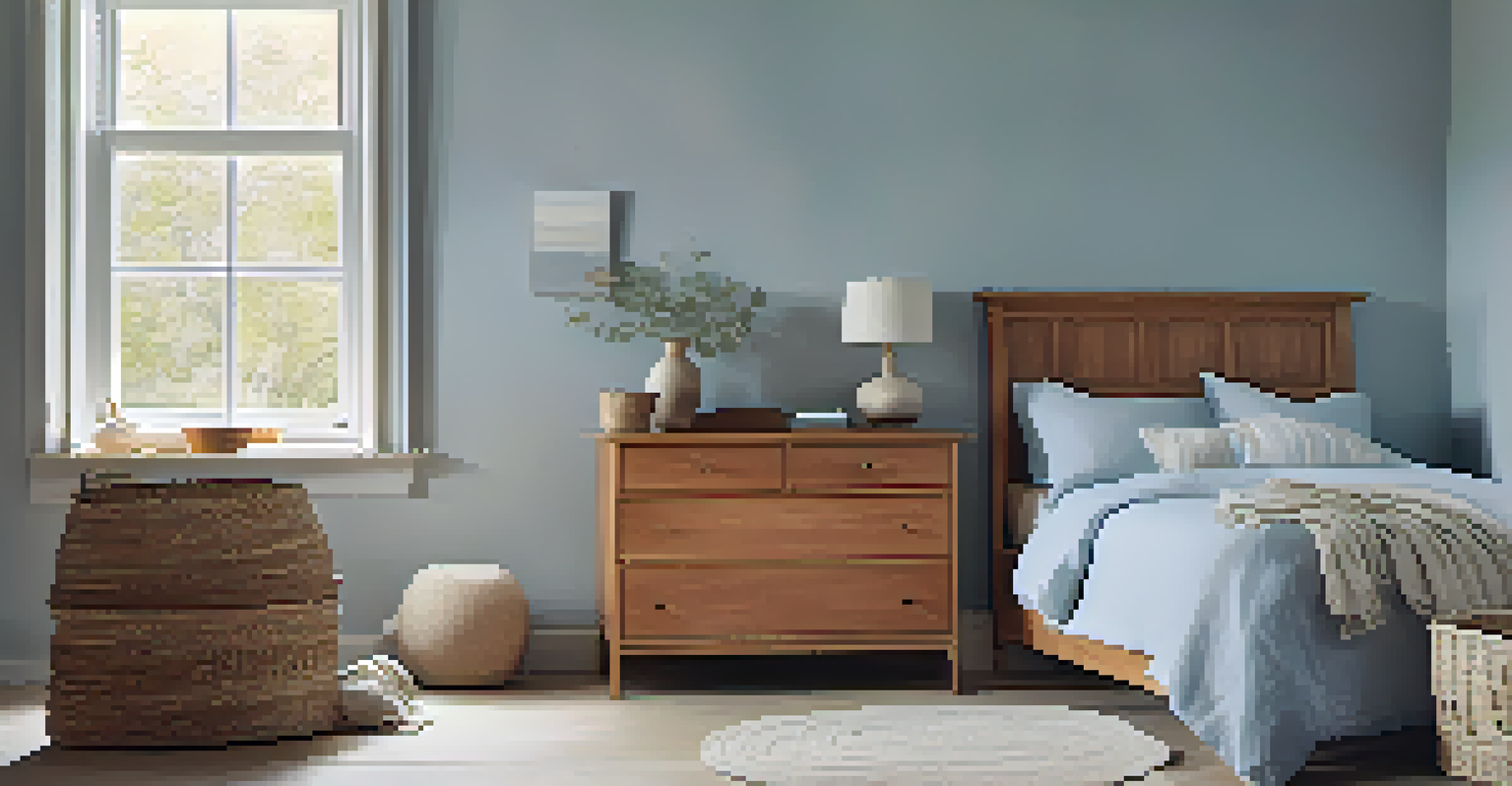 A calming bedroom with soft blue milk-painted walls, organic cotton linens on the bed, and a wooden dresser, all bathed in gentle morning light.