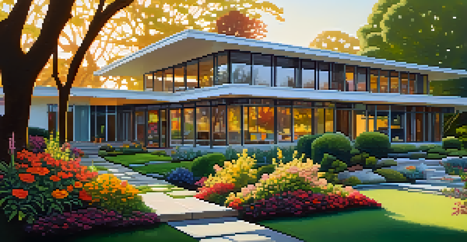 A mid-century modern house with large glass windows, surrounded by a vibrant garden during golden hour.