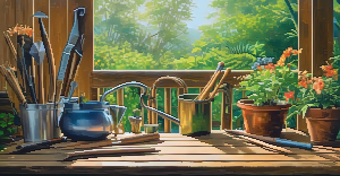 A peaceful garden setting with bamboo and recycled metal gardening tools on a wooden table, surrounded by colorful flowers and greenery, illuminated by soft morning sunlight.