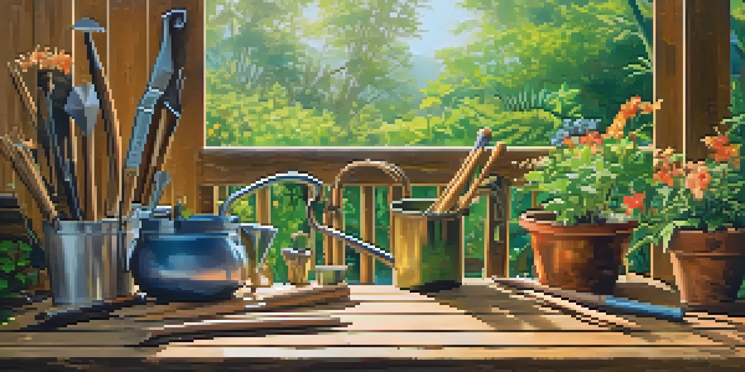 A peaceful garden setting with bamboo and recycled metal gardening tools on a wooden table, surrounded by colorful flowers and greenery, illuminated by soft morning sunlight.