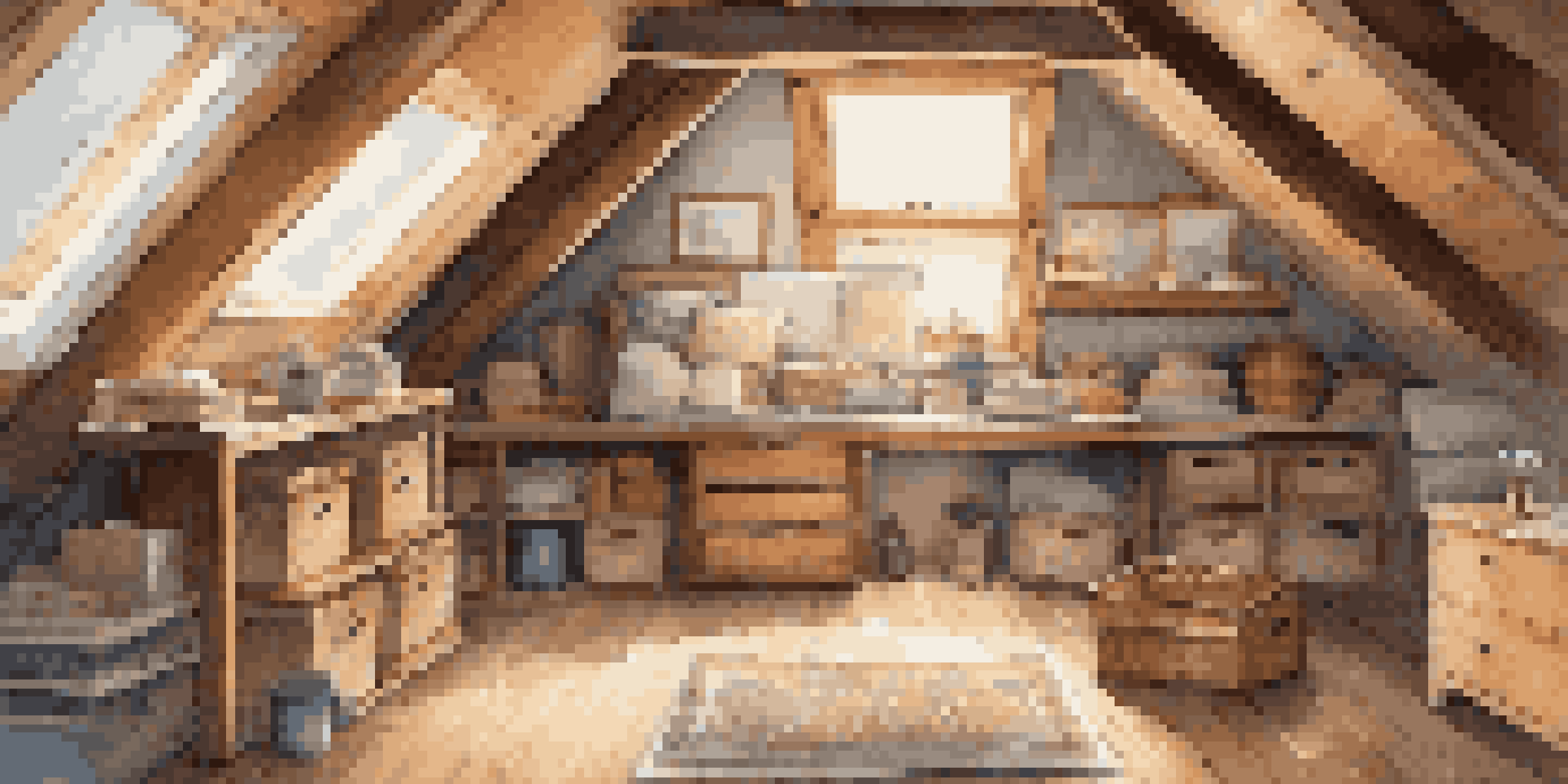 A bright and inviting attic with wooden beams, storage boxes, and a soft rug illuminated by warm sunlight.