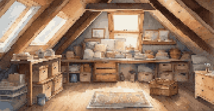 A bright and inviting attic with wooden beams, storage boxes, and a soft rug illuminated by warm sunlight.