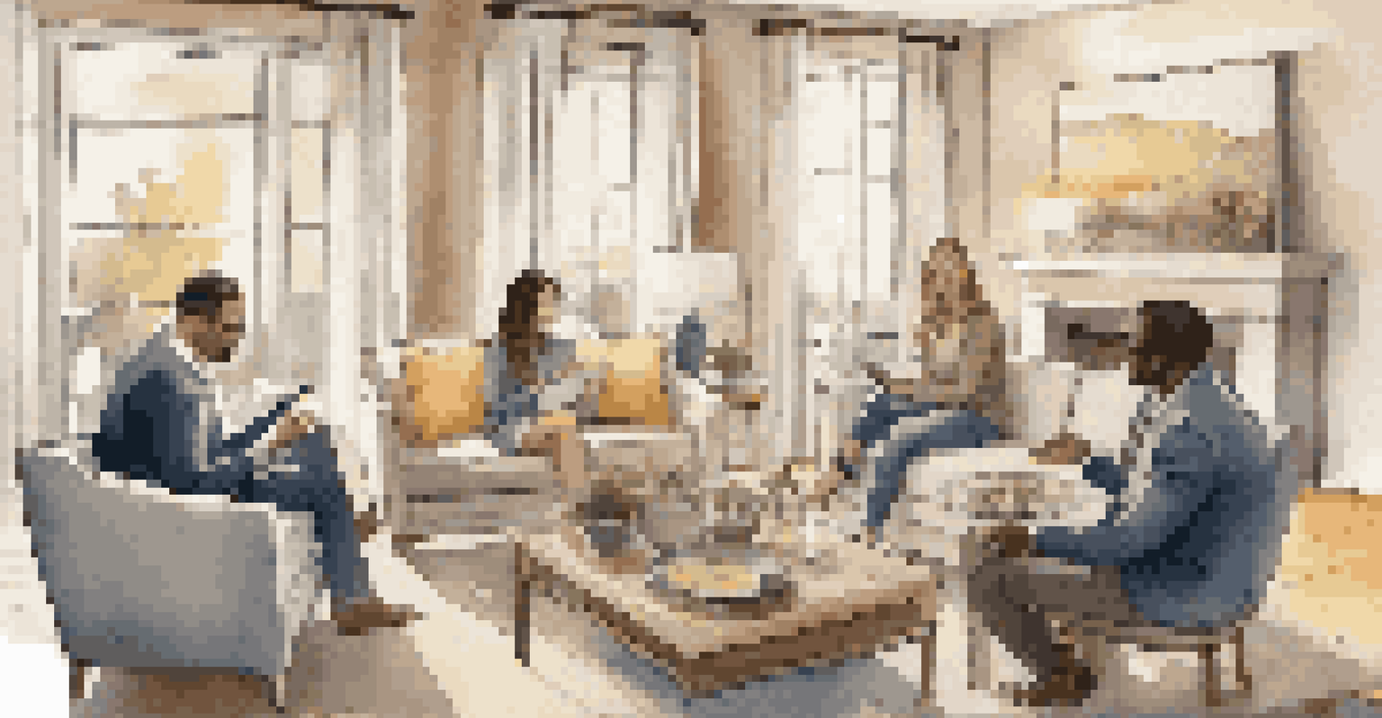 A real estate agent showing property listings on a tablet to clients in a warm living room.