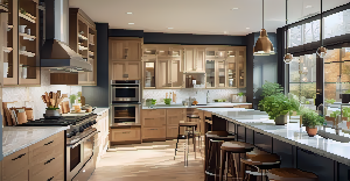 A modern kitchen with granite countertops and stainless-steel appliances, illuminated by natural light.