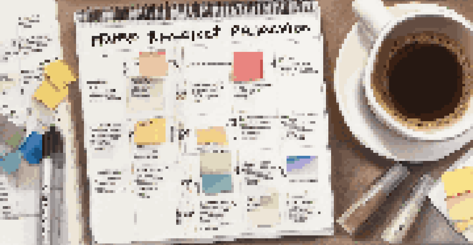 An overhead shot of a home renovation project timeline on a notepad, featuring colored markers, sticky notes, a cup of coffee, and a smartphone in soft lighting.