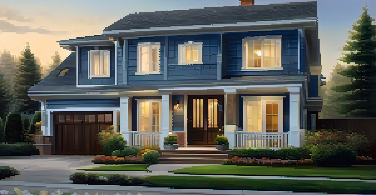 An elegant house featuring smart security technology, including a doorbell camera and outdoor lights, set in a picturesque environment.