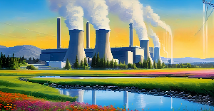 A peaceful landscape with a geothermal energy facility, featuring green grass and wildflowers in the foreground and a modern power plant in the background under a clear blue sky.