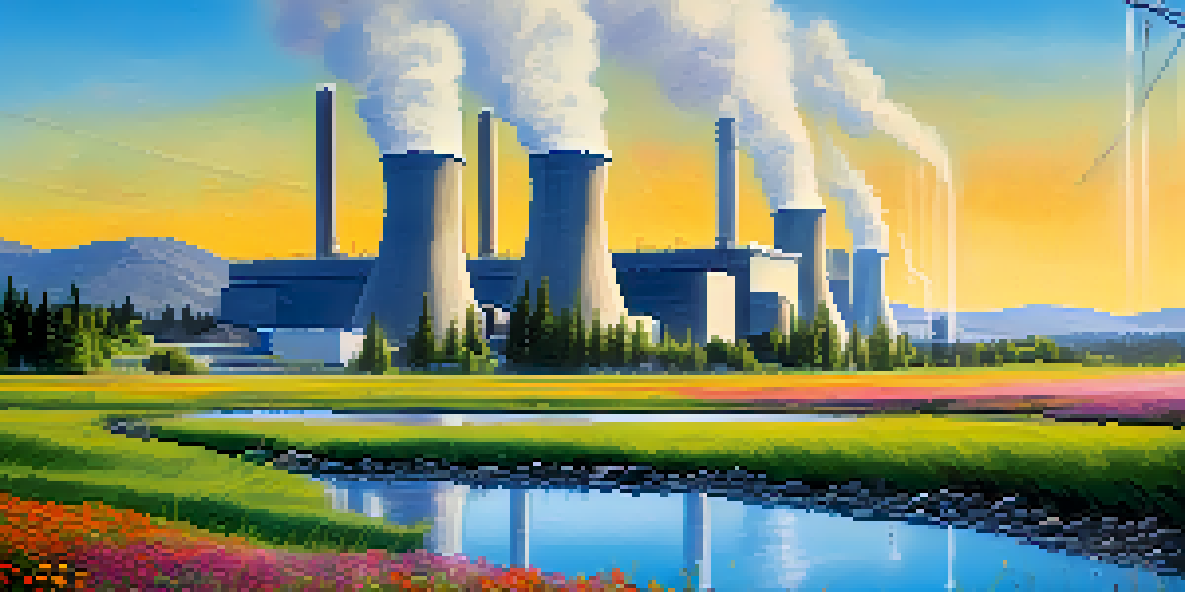 A peaceful landscape with a geothermal energy facility, featuring green grass and wildflowers in the foreground and a modern power plant in the background under a clear blue sky.
