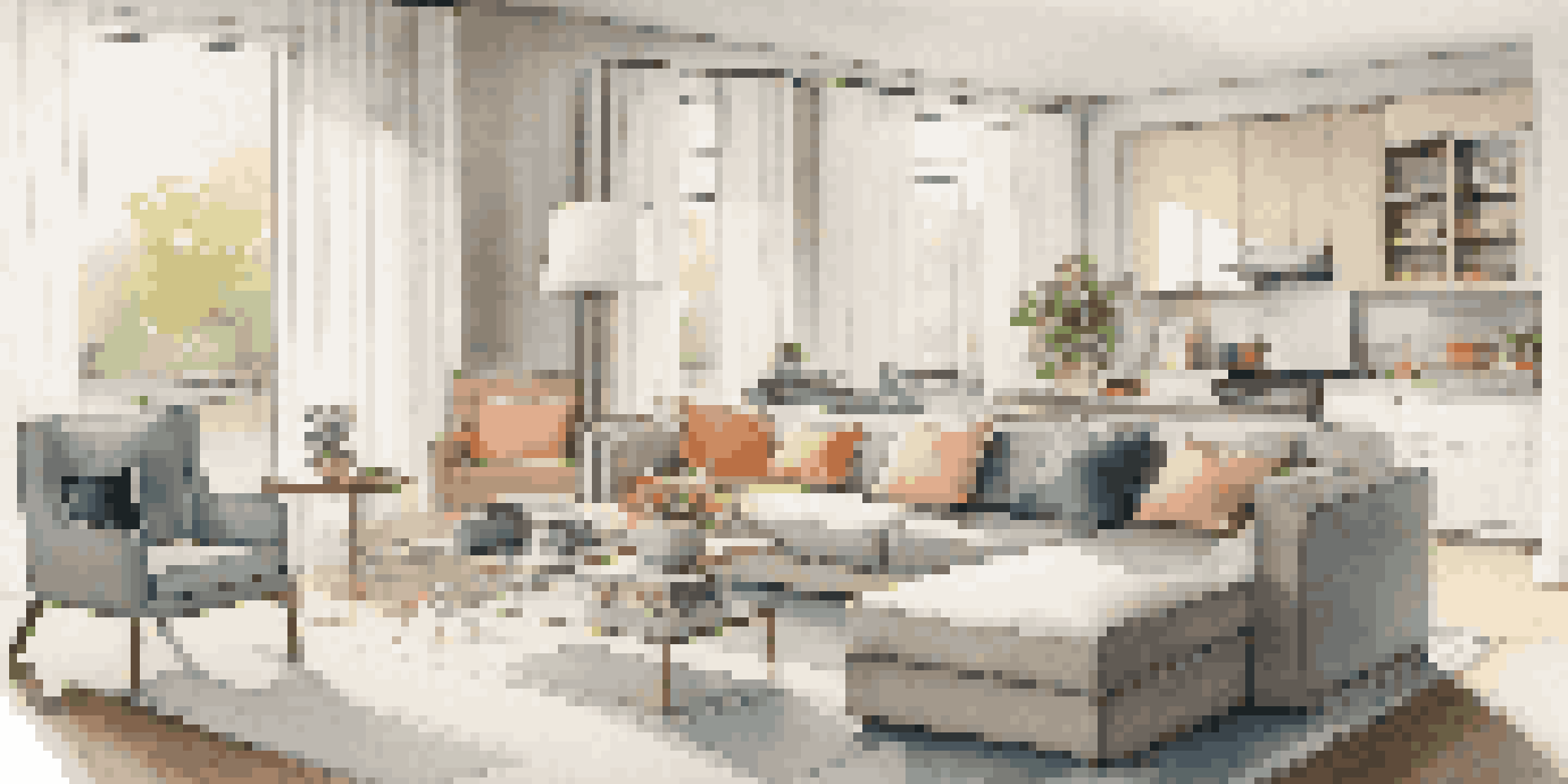 A contemporary living room showcasing multi-functional furniture, including a sofa bed, storage ottoman, and expandable dining table, with a bright and airy feel.
