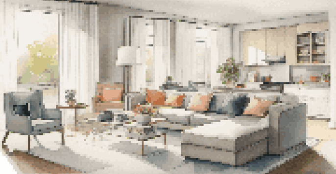 A contemporary living room showcasing multi-functional furniture, including a sofa bed, storage ottoman, and expandable dining table, with a bright and airy feel.