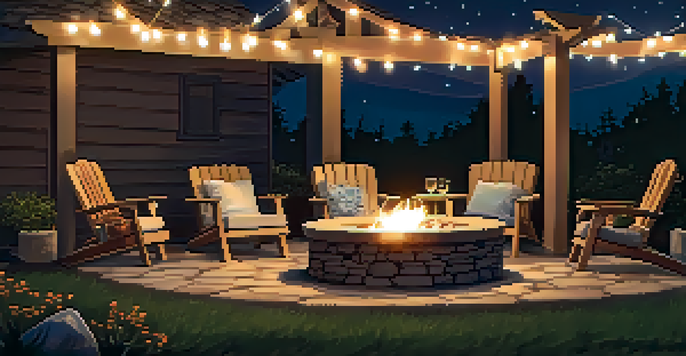 A backyard fire pit made of rustic stones, with a crackling flame and comfortable seating around it, under a starry night sky.
