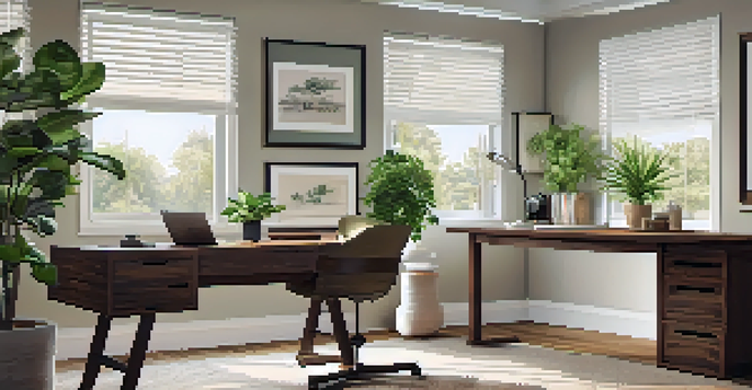 A bright and organized home office with a wooden desk, laptop, chair, and potted plant, showcasing a professional workspace.