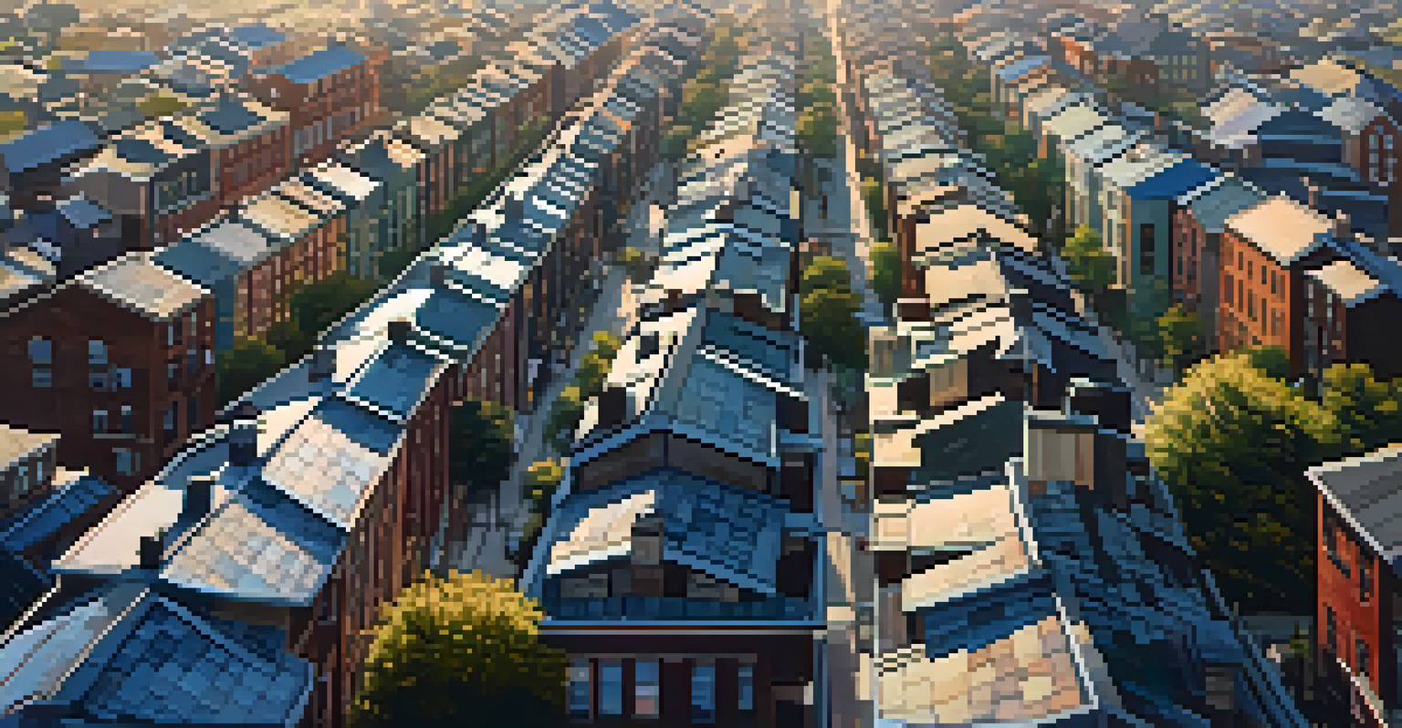 Aerial view of a city block displaying buildings with cool roofs in various colors and styles.