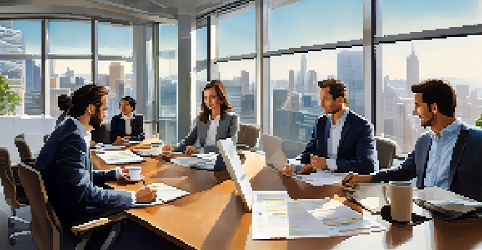 A diverse group of professionals in a modern office discussing real estate syndication, with a city skyline visible through large windows.