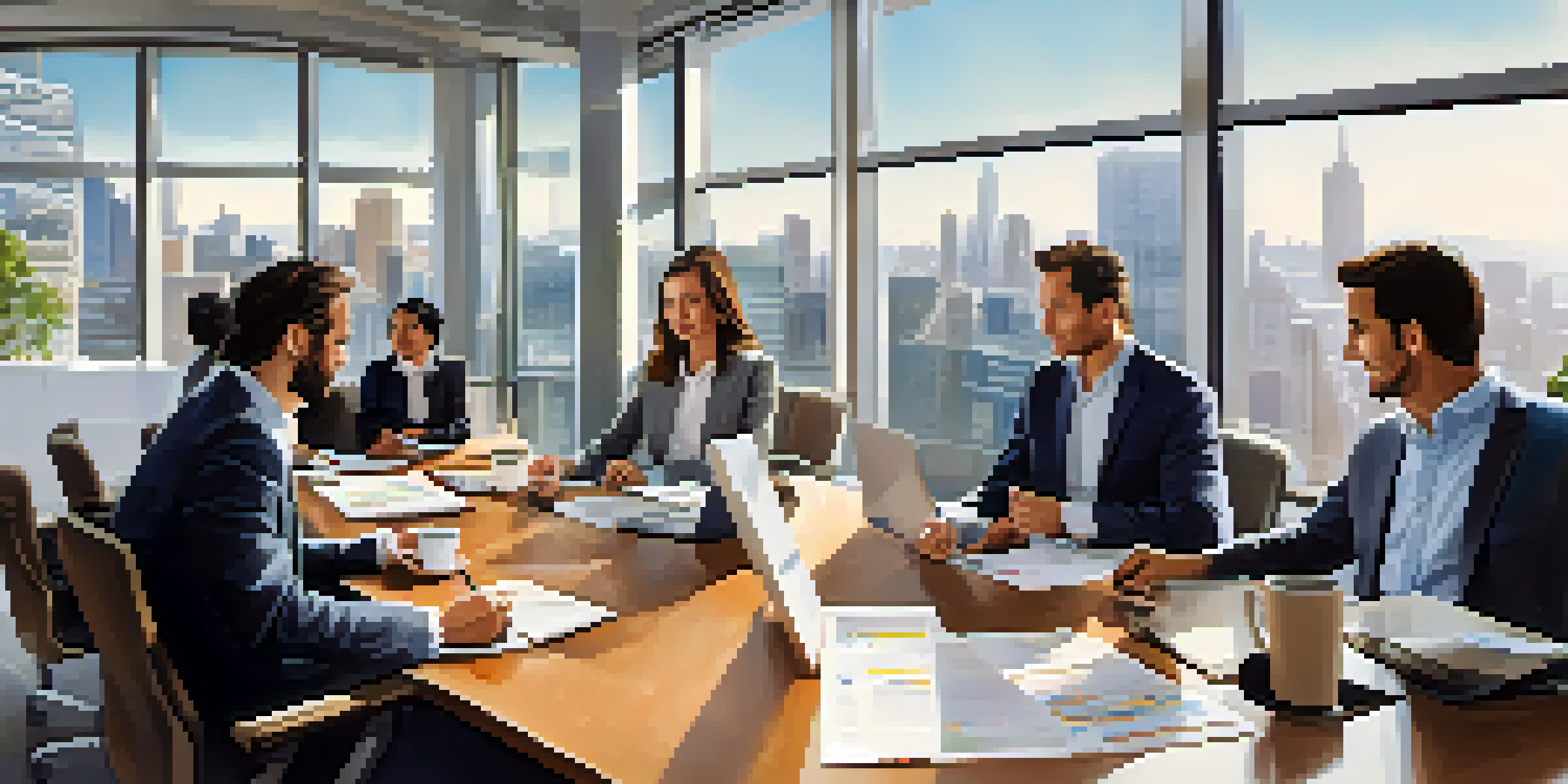 A diverse group of professionals in a modern office discussing real estate syndication, with a city skyline visible through large windows.