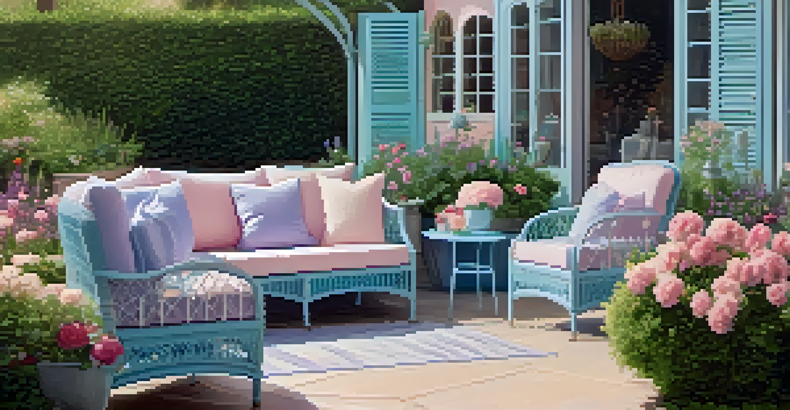 A dreamy outdoor garden with a pastel blue patio set surrounded by blooming flowers in soft pink and lavender, under gentle sunlight.