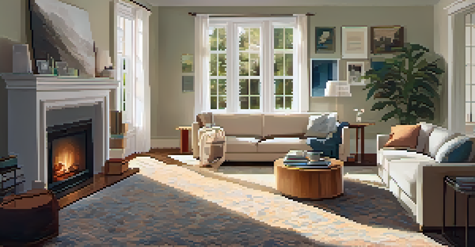 A tidy living room with a person organizing items, featuring warm lighting and comfortable furniture.