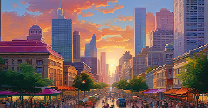 A vibrant city skyline during sunset with modern and traditional architecture, lively streets, and a park filled with colorful flowers.