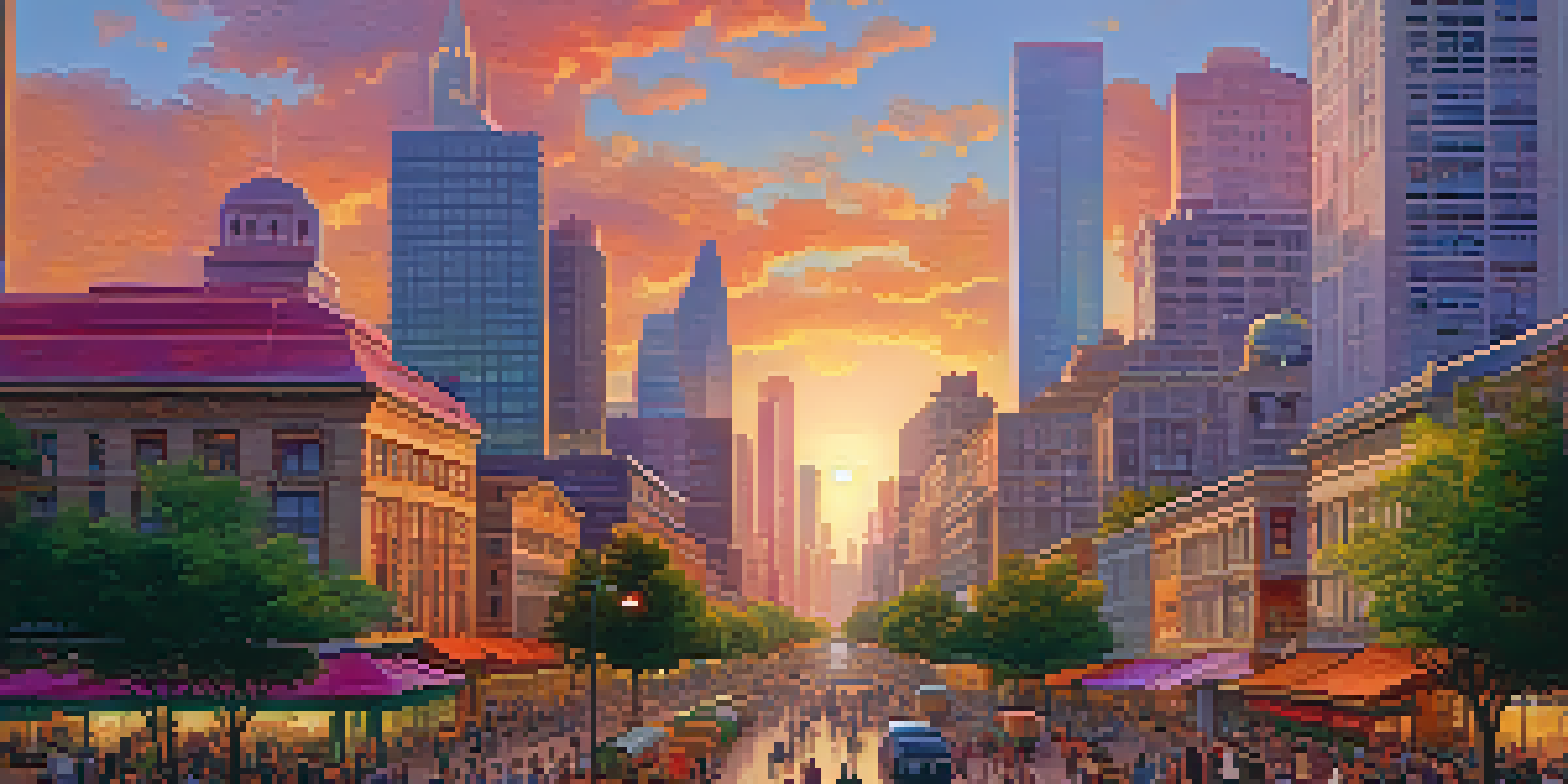 A vibrant city skyline during sunset with modern and traditional architecture, lively streets, and a park filled with colorful flowers.