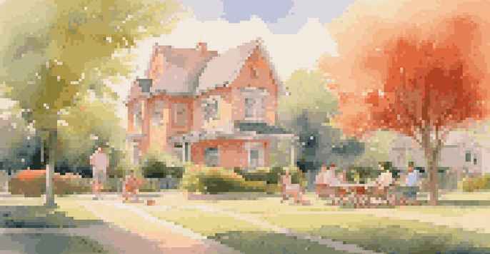 An urban neighborhood at sunset with houses, gardens, and a family having a picnic.