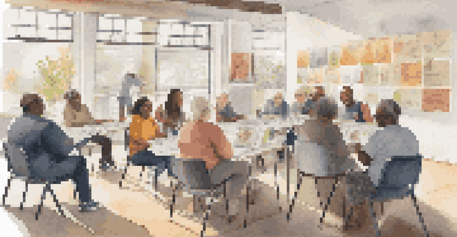 A diverse group of individuals sharing personal stories in a community workshop, surrounded by supportive posters about accessible living. The environment is warm and inviting.