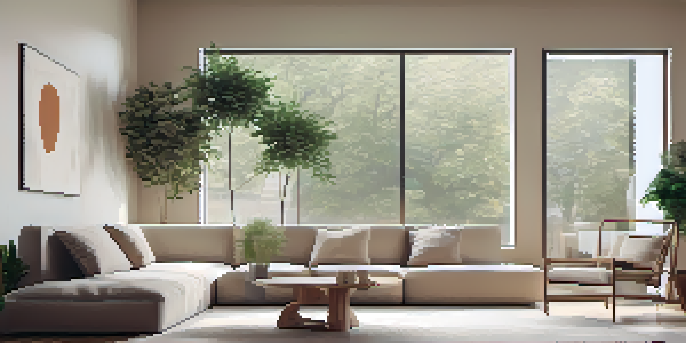 A bright and airy minimalist living room with large windows, neutral colors, and simple wooden furniture.