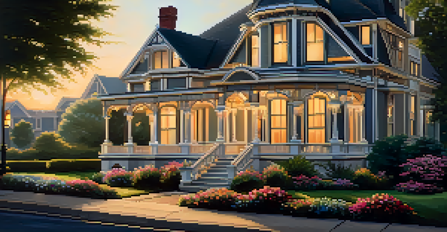 A restored Victorian home with intricate details, a swing on the porch, and vibrant flower beds in the golden hour light.