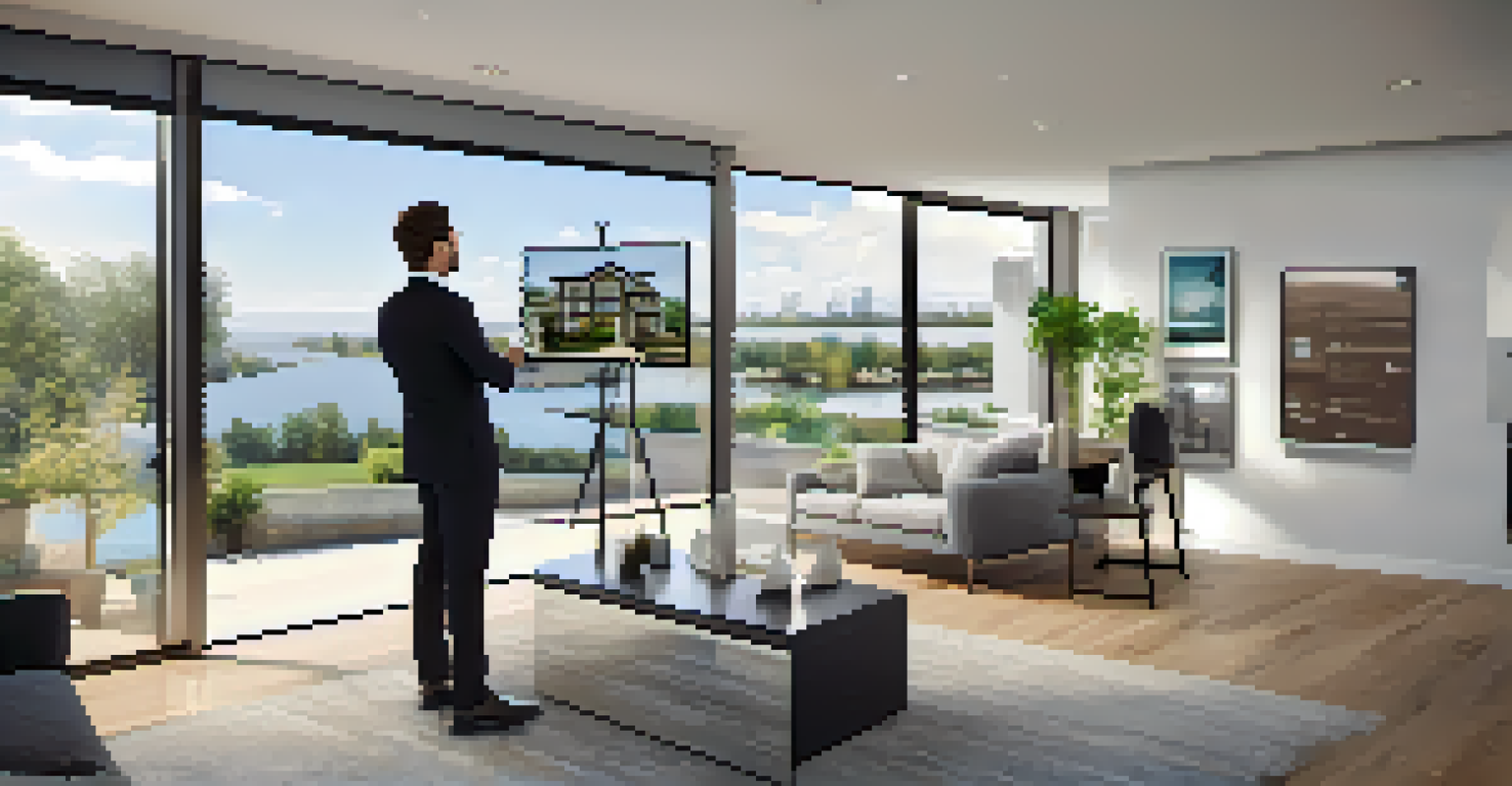 A real estate agent conducting a virtual tour presentation with a large screen showing a 3D walkthrough of a home, set in a modern office.
