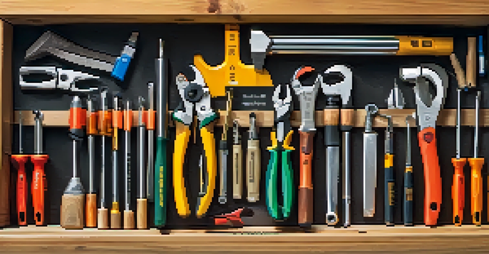 A neatly organized DIY tool kit with colorful hand tools on a wooden workbench, illuminated by sunlight.