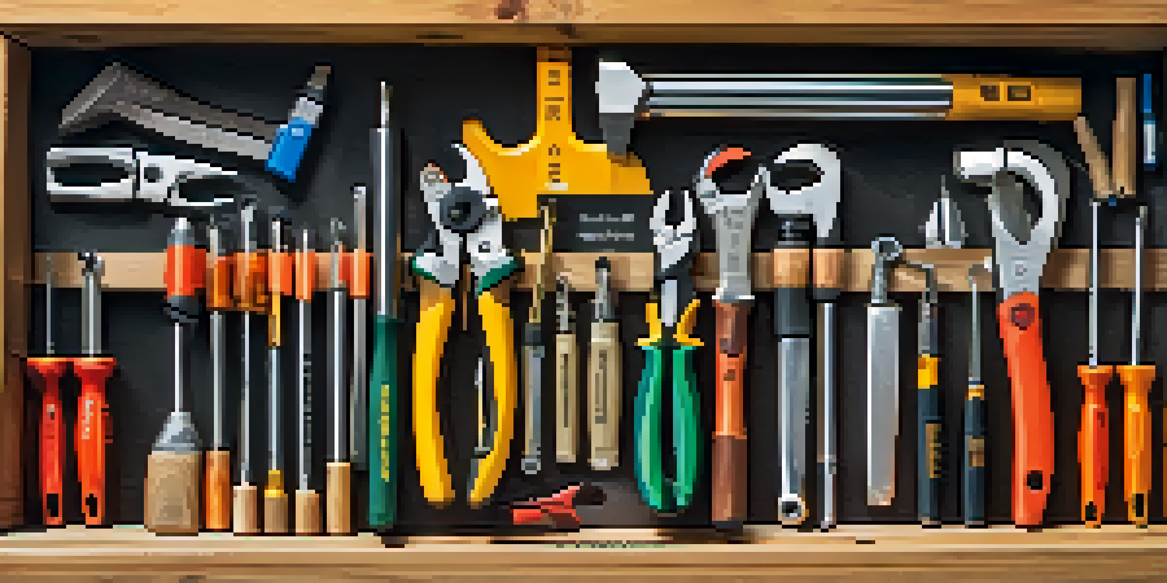 A neatly organized DIY tool kit with colorful hand tools on a wooden workbench, illuminated by sunlight.