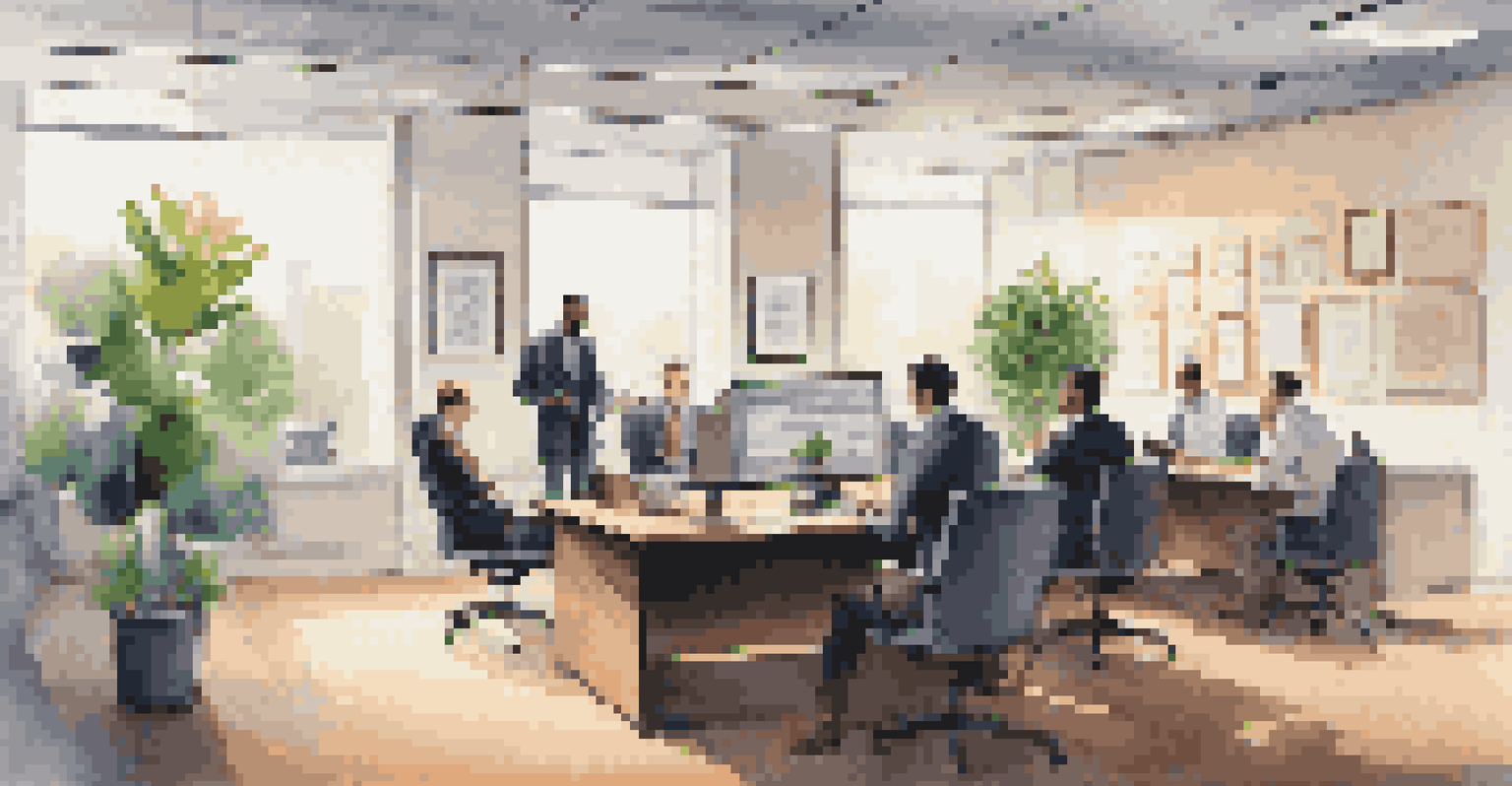 A contractor on a video call in a stylish office, with a laptop and certificates on the wall, surrounded by plants.