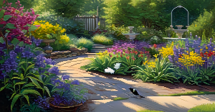 A colorful garden filled with native plants, butterflies, and a bird bath under warm sunlight.