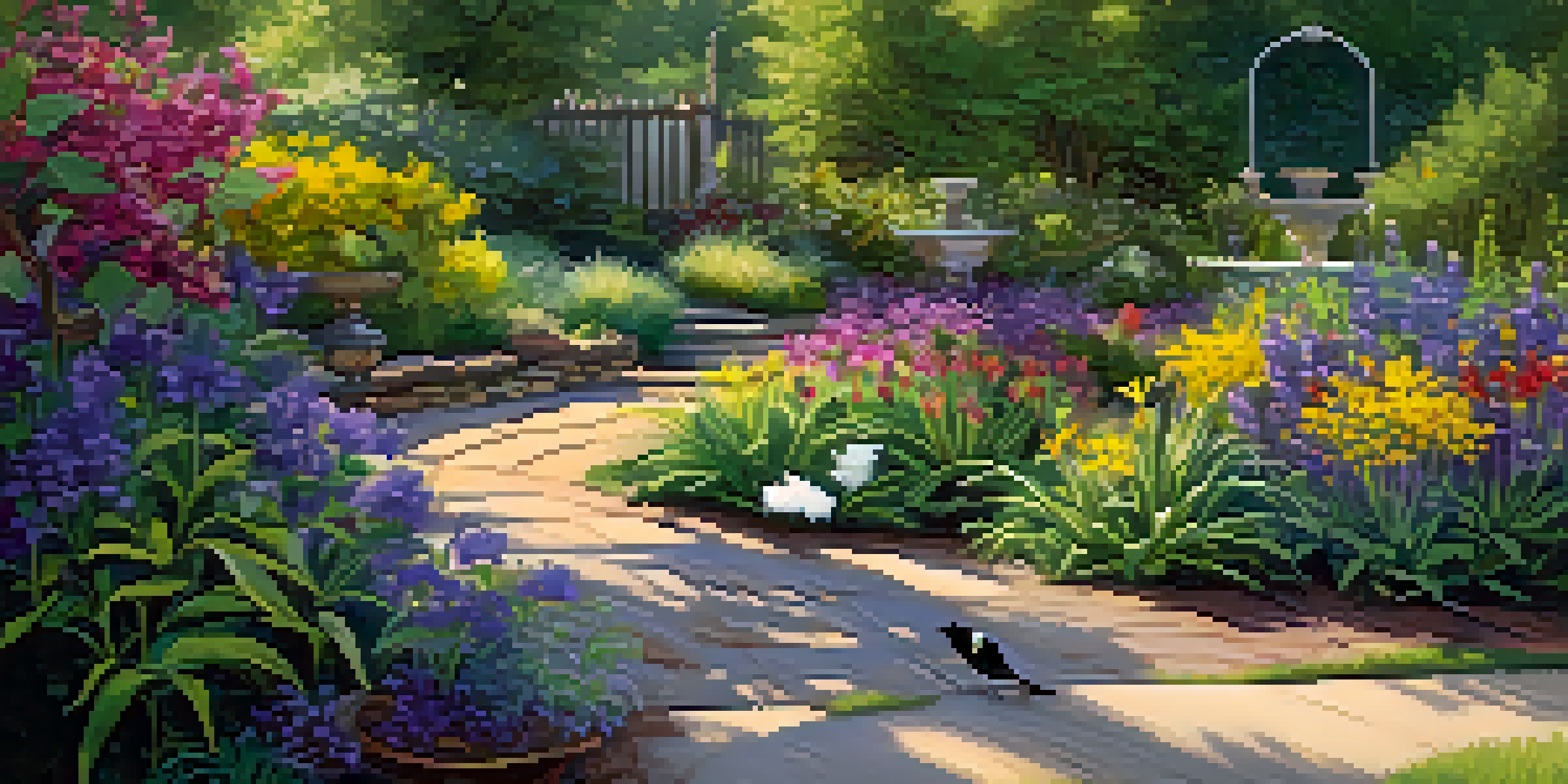 A colorful garden filled with native plants, butterflies, and a bird bath under warm sunlight.