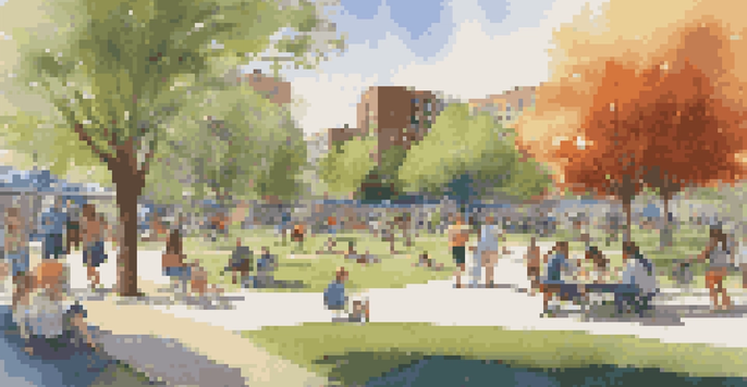 A lively urban park with families picnicking, children playing, and neighbors tending to a community garden under a clear blue sky.
