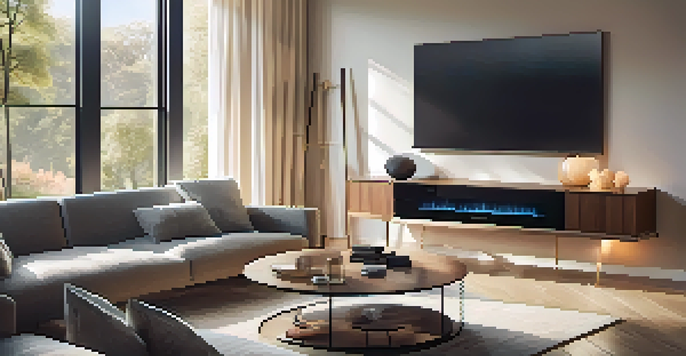 A contemporary living room equipped with smart home technology, featuring a smart thermostat, speakers, and warm ambient lighting.
