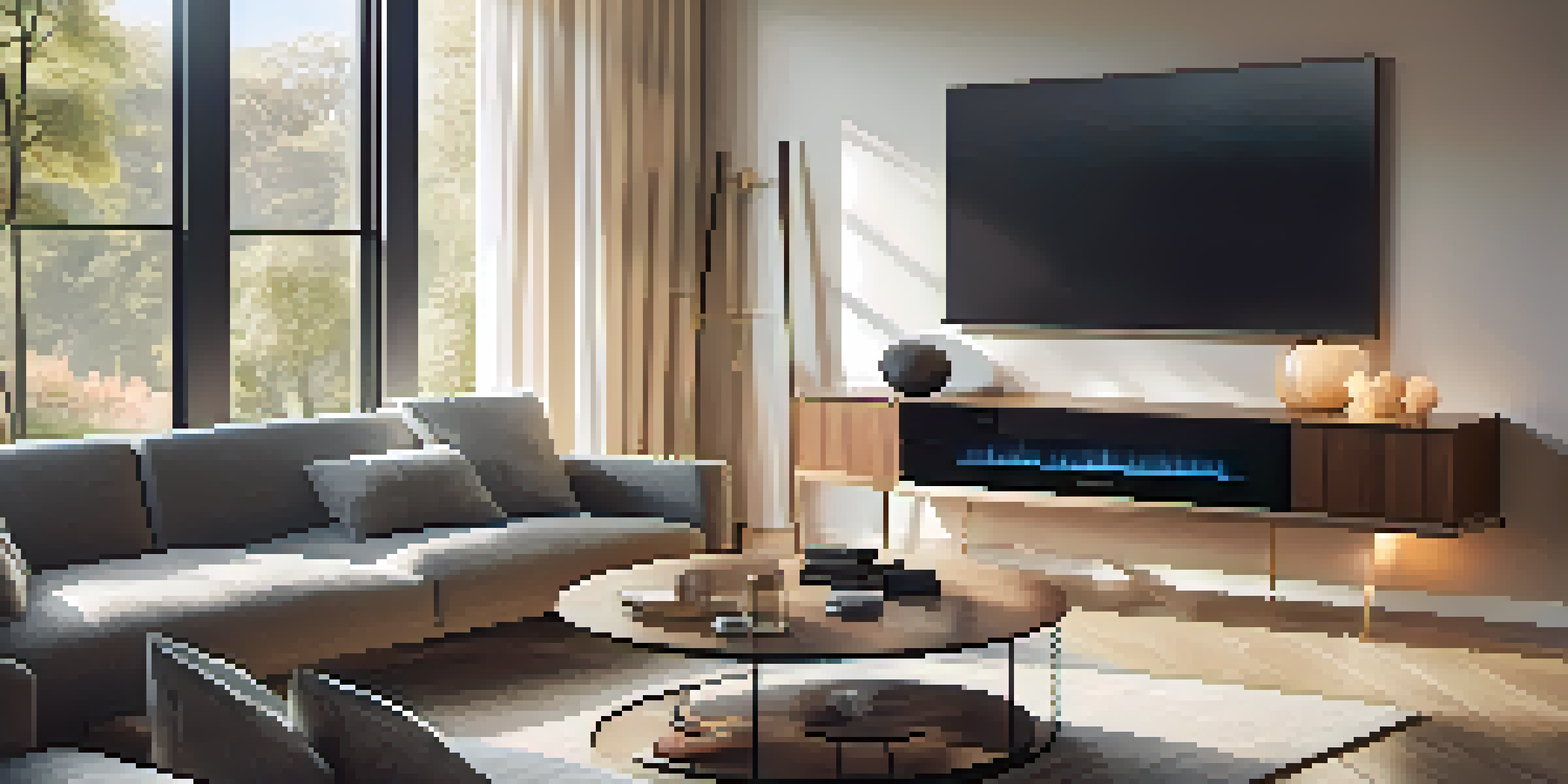 A contemporary living room equipped with smart home technology, featuring a smart thermostat, speakers, and warm ambient lighting.