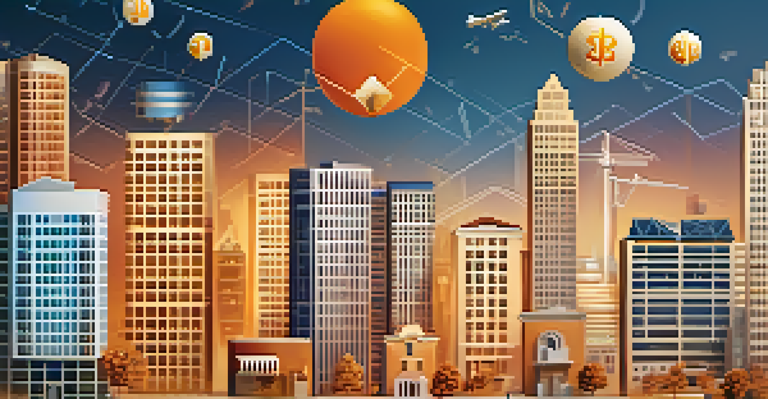 An artistic layout of icons representing real estate crowdfunding concepts against a warm gradient background.