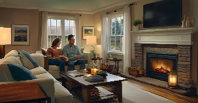 A family enjoying time together in a cozy living room with a fireplace, emphasizing warmth and safety.